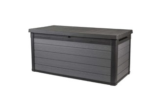 lot 358 image: Keter Cortina 150 Gallon Large Resin Deck Box for Patio Outdoor Storage