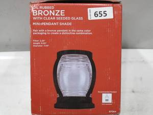 lot 655 image: Mini Pendant Shade, Oil Rubbed Bronze with Clear Seeded Glass