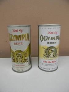 VINTAGE OLYMPIA BEER 7oz LITTLE OLY WIDE SEAM STEEL BEER CANS - 1 FACTORY SEALED, EMPTY - NICE - AWESOME PIECES - APPROX 4 38 - SEE PICTURES