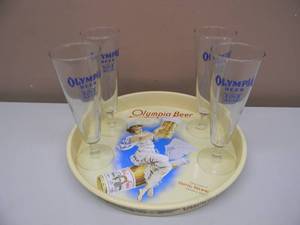 VINTAGE OLYMPIA BEER METAL BEER TRAY & 4 VINTAGE OLYMPIA BEER 8 Pilsner Glasses, Blue Goodluck Logo - NICE - AWESOME OLD SCHOOL PIECES - SEE PICTURES