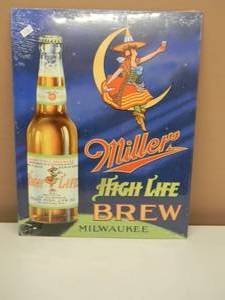NEW OLD STOCK - MILLER HIGH LIFE LADY ON THE MOON TIN BAR SIGN - NICE - GREAT PIECE - APPROX 12.5 By 16 - SEE PICTURES