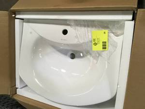 lot 28 image: Swiss Madison Modern White Ceramic Rectangular Chateau Pedestal Bathroom Vessel Sink with Round Single Faucet Hole Customer Returns See Pictures
