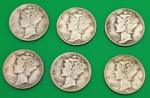 Six 1942 Mercury Silver Dimes
