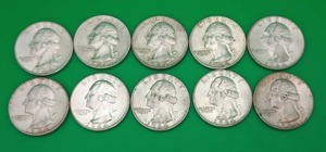 Ten 1964 Silver Washington Quarters
