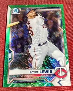 lot 3 image: 2021 Royce Lewis Bowman Chrome Green Shimmer Refractor Card - #d99