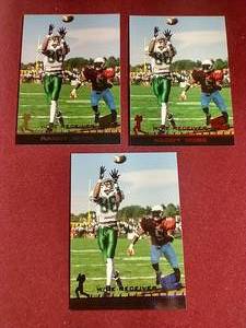 lot 136 image: (3) 1998 Press Pass Randy Moss Rookies - Gold, Red & Blue