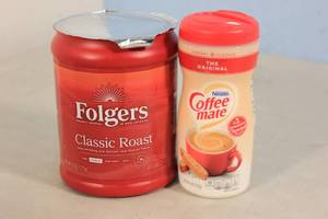 lot 130 image: 9.6oz Can of Folgers Classic Roast Coffee Grounds w Bottle of CoffeeMate Powder Coffee Creamer