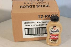 lot 201 image: 12-Pack Emerils Kicked Up Horseradish Mustard 12oz Bottles Best By 42023