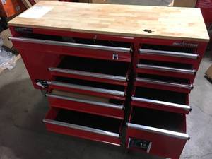lot 40 image: Frontier Heavy-Duty 62 in. 10-Drawer Red Tool Chest Mobile Workbench Cabinet Customer Returns See Pictures