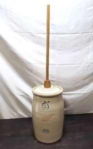 lot 4 image: Old 5 Gallon Red Wing Butter Churn Crock with Plung & Lid