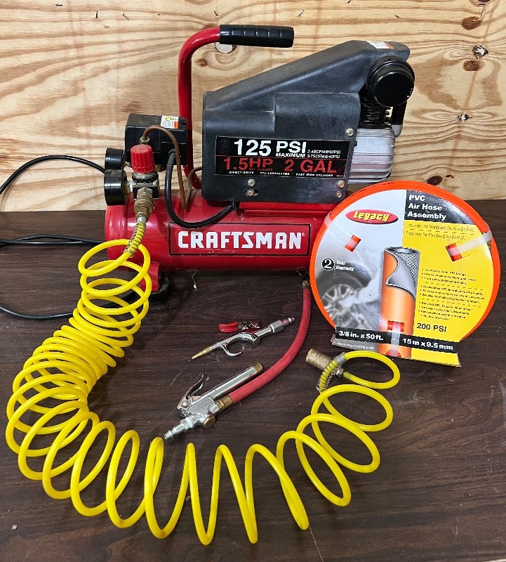 Craftsman 2 Gal Horizontal Portable Air Compressor & Additional New Hose, Superb in Savage Downsizing