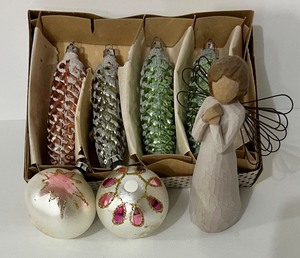 lot 343 image: Vintage Christmas Ornaments and Willow Tree Figurine