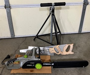 lot 397 image: Earthwise Electric Chainsaw, Roller Stand and 2 Saws