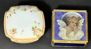 lot 311 image: Vintage Vanity Items - Hairpins  Makeup Containers  Trinket Boxes and Miniature Irish Crystal Quartz Clock and Glass Tray