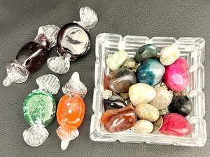 lot 316 image:  Vintage Indiana Glass Amber CARNIVAL GLASS Footed Candy Dish, Glass Candies and Trinket Boxes and Frame