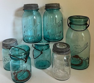 lot 113 image: Have a Ball  Lot of 7 Blue & Clear Mason Jars