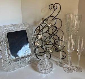 lot 126 image: Decorative Wine Rack, Crystal Vase, Mikasa Frame and Champagne Glasses