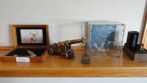 lot 196 image: Figurines - Mini Cannon , Knife in box, Glass boat in case, Bear