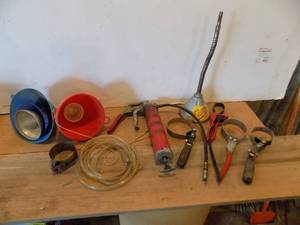 lot 16 image: Garage items - funnels, filter wrenchs, grease gun