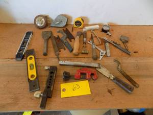 lot 63 image: Misc Hand Tools, Levels, Tape Measure, Chalk Line, Flaring tools, Files, Chisels