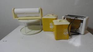 lot 242 image: Toaster, containers - Sugar, Flower, plastic lazy Susan, paper towel holder