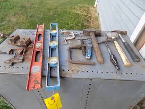 lot 344 image: Lot of hand tools in buckets, 2 Levels, C Clamps, Hammers