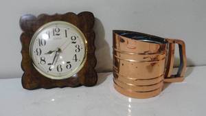 lot 287 image: Kitchen items - clock, vintage flour sifter