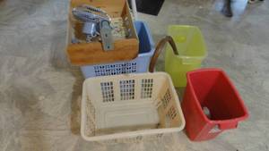 lot 295 image: Peach Crate wooden, laundry baskets, Garbage cans, Stool, Clip fan