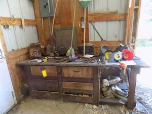lot 491 image: Everything in picture, Bench, Tractor funnels, Net , Rake, Broom, Hedge clipper, flags, hacksaw