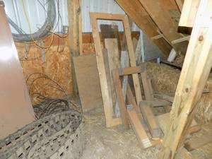 lot 434 image: Mezzanine - Lot of Lumber, Tar paper, Barrels, Rocking Chair, Ruff cut lumber, Rubber roofing, 55 gal barrels