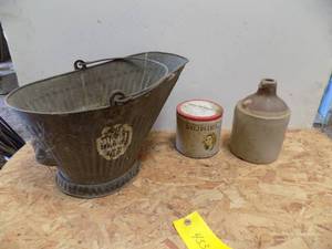 lot 453 image: Vintage Muriel Tin Cigar can, Coal Bucket & Crock