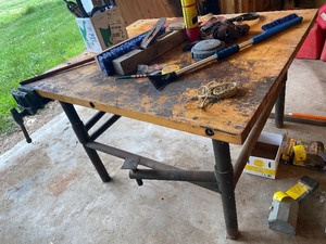 lot 45 image: Steel work bench with vice Iron base & wood top