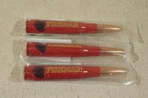 lot 36 image: 3 Lucky Shot Fireman 50 Cal Bullet Casing Bottle Openers