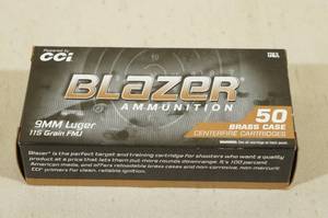 lot 105 image: 50 CCI Blazer Brass 9mm Luger 124 Gr FMJ Ammo