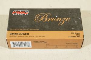 lot 106 image: 50 PMC Bronze 9mm Luger 115 Gr FMJ Ammo
