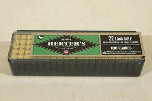 lot 114 image: 100 Herters .22 LR 40 Gr Plated HP Ammo