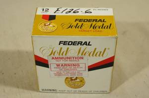 lot 134 image: 25 Federal Gold Medal 12 Ga 2-34 6 Shot Shotshells