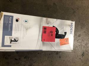 lot 37 image: MOEN Korek Single Hole Single-Handle Bathroom Faucet with Drain Kit Included in Matte Black Customer Returns See Pictures