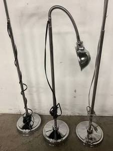 lot 17 image: Lot of 3 Retro Cool Chrome Gooseneck Telescoping Examination Lights - Perfect For Home Or Office - All Great Working Condition