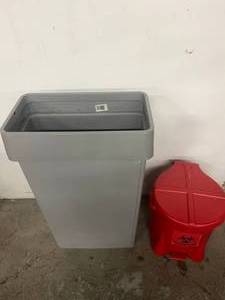 lot 39 image: Lot of 2 Garbage Waste Trash Bins 1 Is A&nbspHazardous Waste Bin With Foot Pedal and Cover