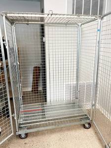 lot 45 image: MSRP $1200 Carico Mobile Heavy Duty Steel Wire Storage Security Cabinet Cart Truck With Padlock Hasp & Two Adjustable Shelves - Excellent Condition