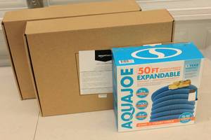 lot 93 image: AQUAJOE 50ft Burst Proof Expandable Garden Hose  2ct 3pc Amazon Basics Quick Dry Towel Set White