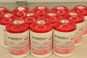 lot 104 image: Case of 12 Canisters Sani-cloth Plus Germicidal Disposable Wipes 6 x 6-34 Large 160 Wipes