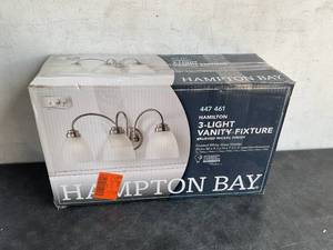 lot 221 image: Hampton Bay Hamilton 3-Light Brushed Nickel Vanity Light with Frosted Glass Shades