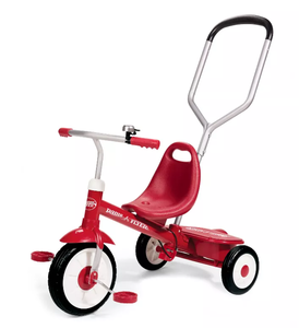 lot 255 image: LOT OF 2 Ride on Toys - Radio Flyer Red Steer & Stroll Trike and B. toys Wooden Smooth Rider Toddler Bike