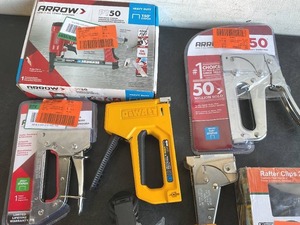 lot 231 image: LOT OF 7 Garage Items - Including Staple Guns, Cap Mount Ear Muffs, Rafter Clips and PEX Pinch Clamps