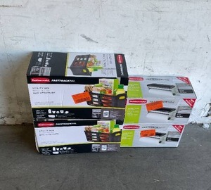 lot 58 image: LOT OF 4 FastTrack Rubbermaid Garage Items - 15.5 inch  Utility Storage Bin and Garage Wall Storage Slat Panel System Paper Towel Holder