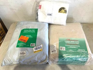 lot 319 image: LOT OF Painting Supplies - 2 Canvas Drop Cloths and 1 pair of XL Coveralls