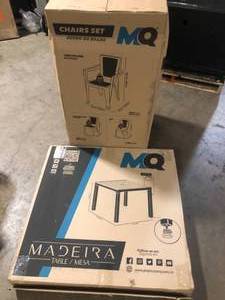 lot 18 image: MQ Madeira 5-Piece Black and Teak Brown Indoor and Outdoor 4-Seat Square Table and 4 Arm Chair Set Costumer returns See Pics