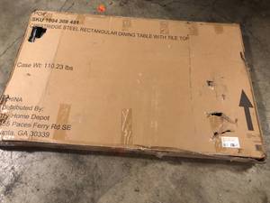 lot 20 image: Hampton Bay Crestridge Steel Rectangular Outdoor Patio Dining Table with Tile Top Customer Returns See Pictures